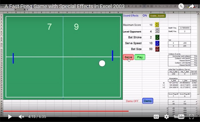 A Fast Pong Game with Special Effects in Excel 2003 – video preview