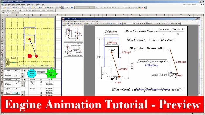 How to Create a Wireframe Internal Combustion Engine 2D Animation in MS Excel – Preview