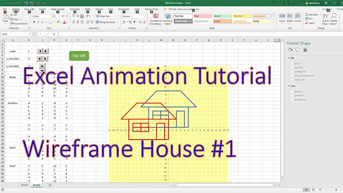 Excel Animation Tutorial – 2D Wire-frame House #1 (build, scaling, x&y translations)