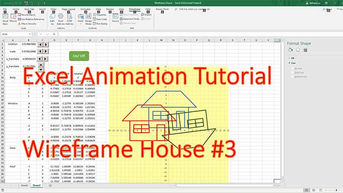 Excel Animation Tutorial – 2D Wire-frame House #3 (adding UDF – user defined functions)